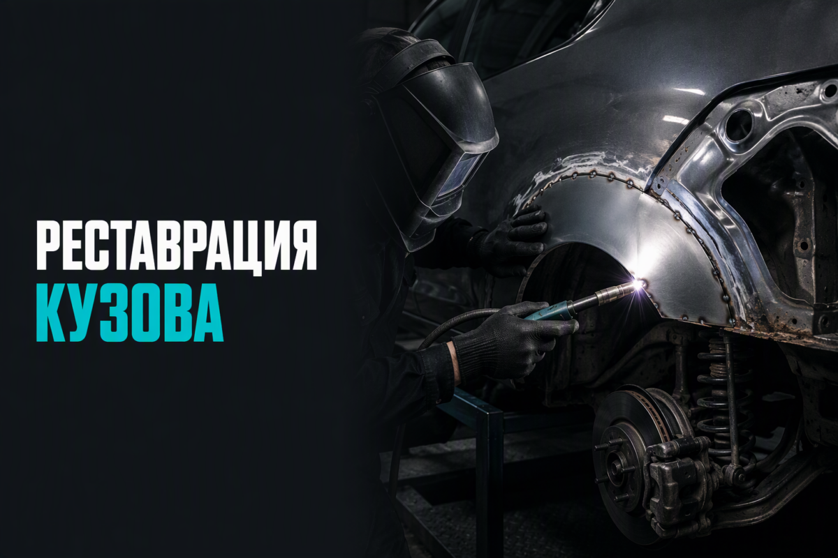 Реставрация кузова автомобиля: мастер вваривает ремонтную вставку в арку в цехе Вася Доп